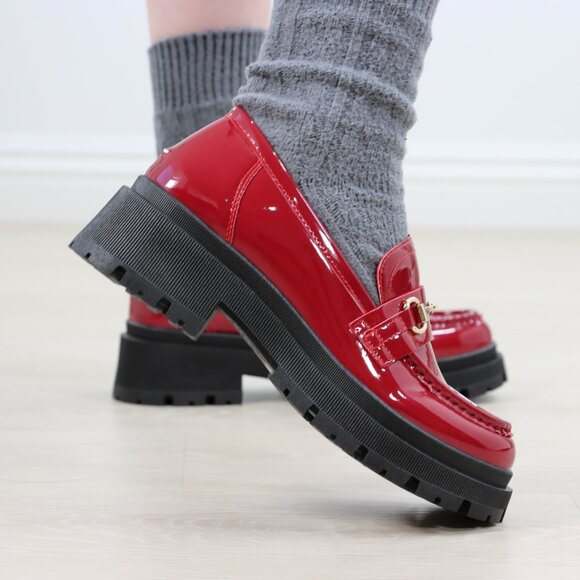 Red Patent Horsebit Loafers Chunky Platform Lug Sole Slip-Ons Grunge 90s Vibes - Picture 10 of 16